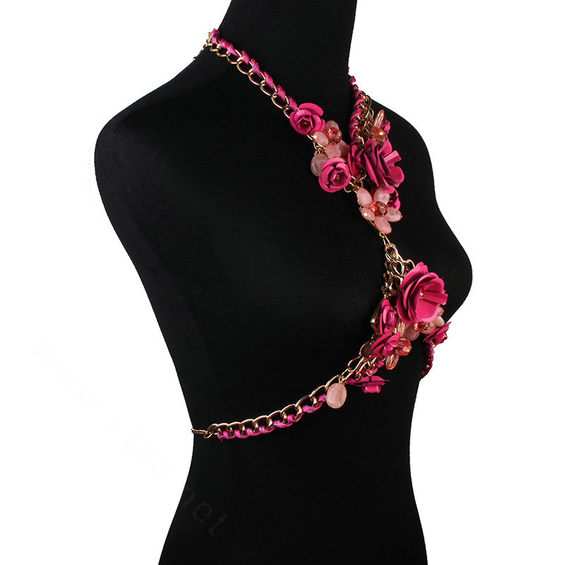 Women Trend Crystal Flower Pendant Necklace Bikini Beach Dress Decro Body Chain - Rose