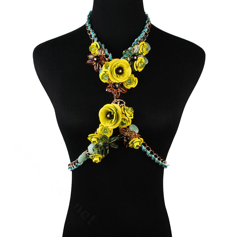 Women Trend Crystal Flower Pendant Necklace Bikini Beach Dress Decro Body Chain - Yellow