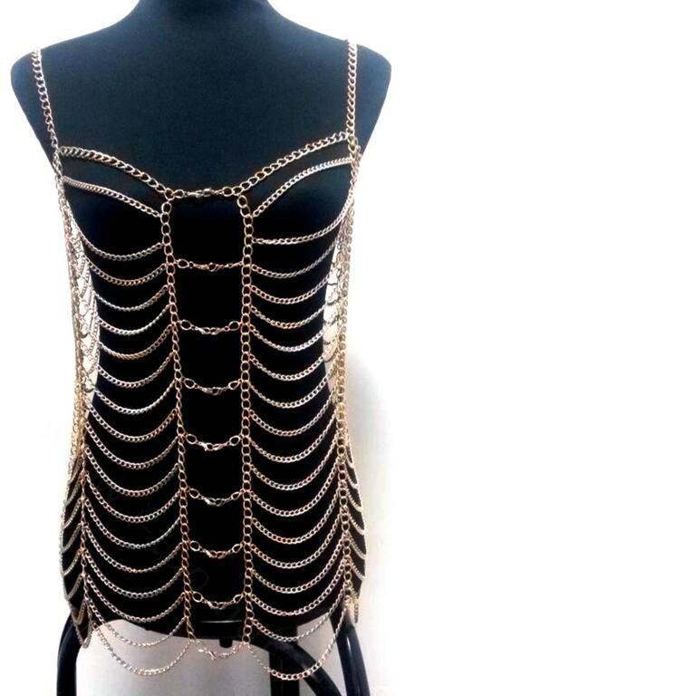 Women's Sexy Lingerie Shoulder Necklace Full Body Bikini Chain Bra Showgirl Jewelry - Gold