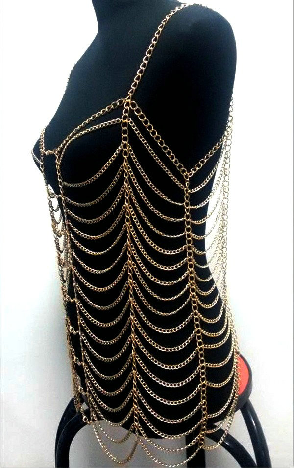 Women's Sexy Lingerie Shoulder Necklace Full Body Bikini Chain Bra Showgirl Jewelry - Gold