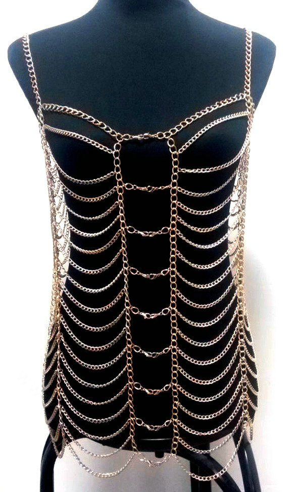 Women's Sexy Lingerie Shoulder Necklace Full Body Bikini Chain Bra Showgirl Jewelry - Gold