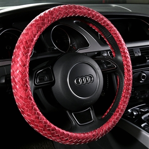 PU Leather Car Steering Wheel Cover – 15 Inch – Black With Red Stitches – Universal Fit