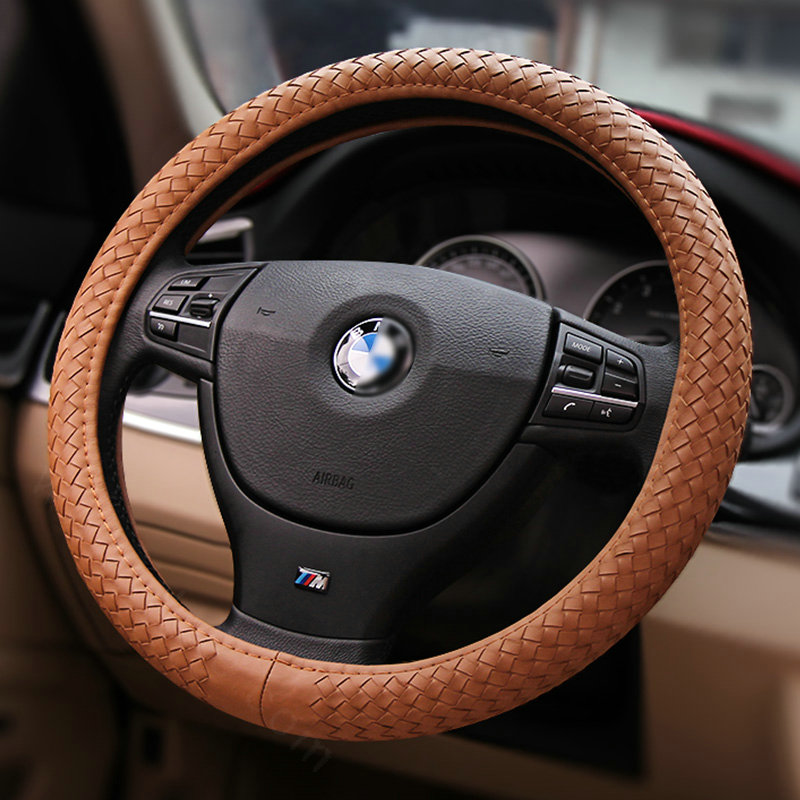 Buy Wholesale High Quality Woven Genuine Leather Car Steering Wheel Covers 15 inch 38CM Brown