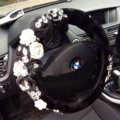 Luxury Crystal Flower Plush Wool Vehicle Steering Wheel Covers 15 inch 38CM - Black