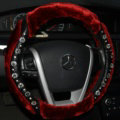 Personalized Fur Wool Leather Crystal Car Steering Wheel Covers 15 Inch 38CM - Red