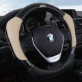 With Logo Sports Grip Auto Steering Wheel Covers Genuine Leather 15 inch 38CM - Beige Black