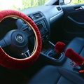 Classical 3pcs sets Winter Plush Fur Universal Car Steering Wheel Cover Handbrake Gear Knob Cover - Wine Red
