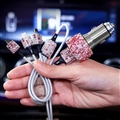 2.4A Diamond Dual USB Quick Car Charger Mobile Phone iPad Rotate Fast + USB Data Cable - Pink