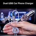 2.4A Diamond Dual USB Quick Car Charger Mobile Phone iPad Rotate Fast + USB Data Cable - Purple