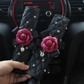 2pcs Car Safety Seat Belt Covers Women Diamonds Pretty Camellia Leather Shoulder Pads - Black