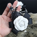 Beautiful Cute White Camellia Universal Pearl Leather Auto Key Bags Key Chain - Black