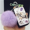Luxurious Zebra Crystal Genuine Leather Auto Key Bags Pink Fur Ball Key Chain - Black