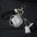 Mirror Flower Tassels Cow Leather Diamond Crystal Car Keychain Handbag Car Keyring Key Pendant - Black
