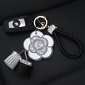 Mirror Flower Tassels Cow Leather Diamond Crystal Car Keychain Handbag Car Keyring Key Pendant - White