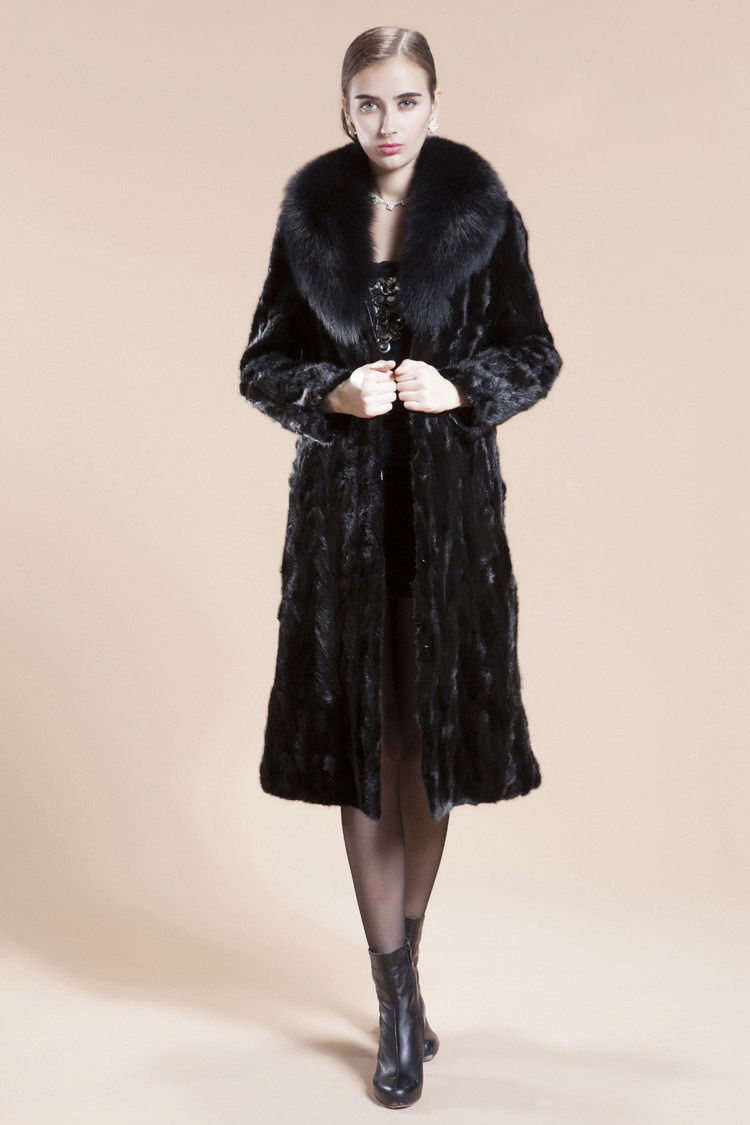 Big Wool Collar Cool Faux Mink Fur Overcoat Fashion Women Coat - Black