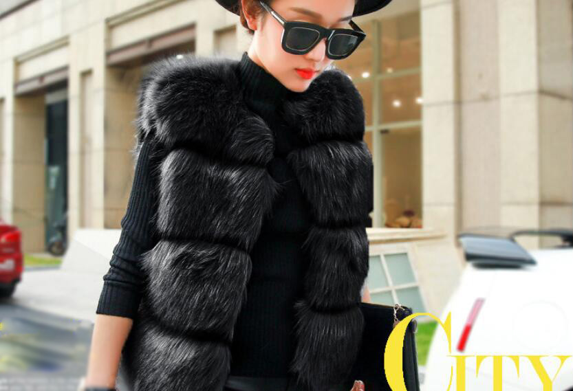 Cheap Classic Elegant Faux Fox Fur Vest Fashion Women Overcoat - Black