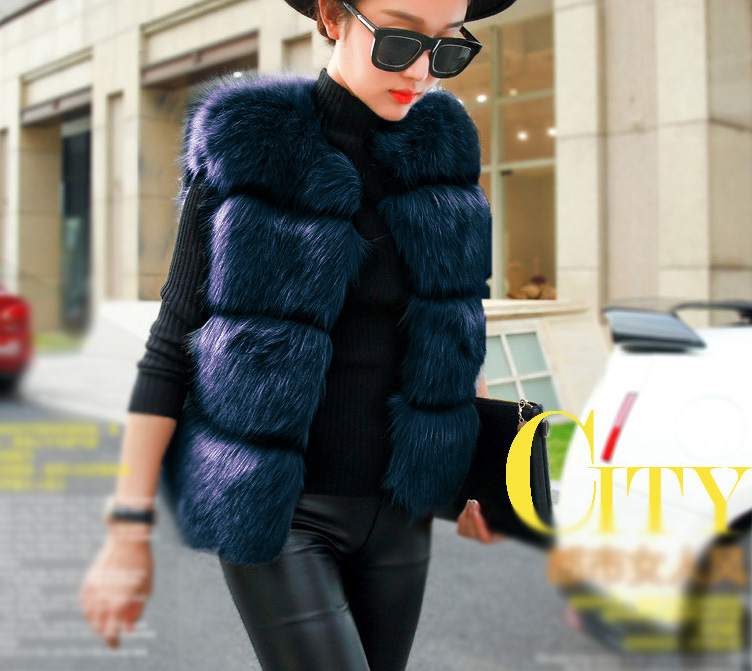 Cheap Classic Elegant  Faux Fox Fur Vests Fashion Women Overcoat - Blue