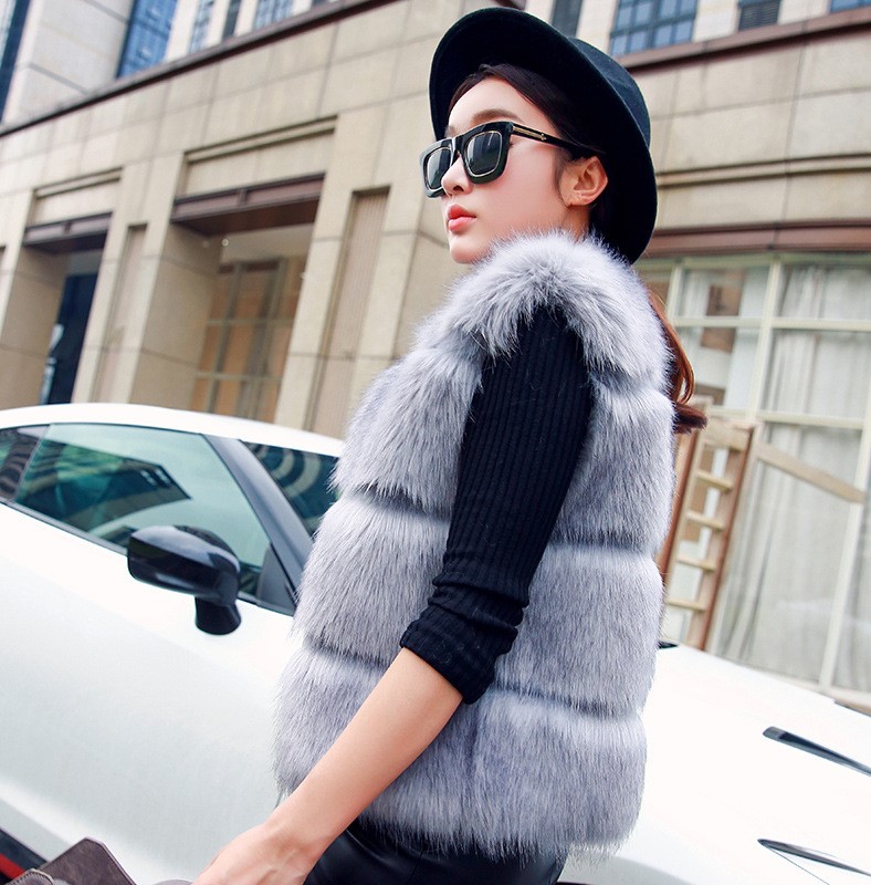 Cheap Classic Elegant Faux Fox Fur Vest Fashion Women Overcoat - Gray