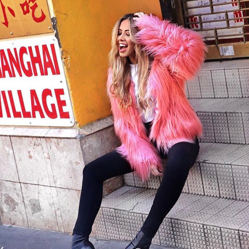 Cheap Cool Faux Fox Fur Overcoat Fashion Women Coat - Pink