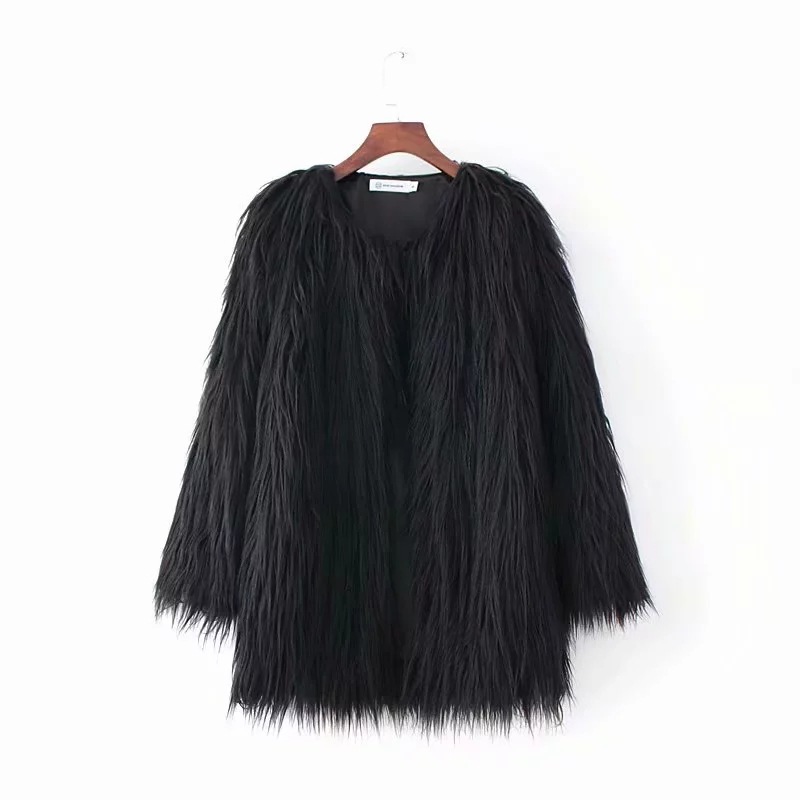 Cheap Cool Faux Fur Overcoat Fashion Women Coat - Black
