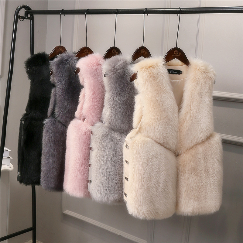Cheap Cute Elegant Faux Fox Fur Vest Fashion Women Overcoat - Black