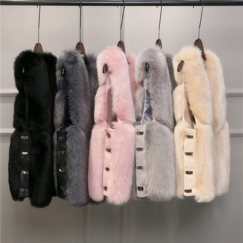 Cheap Cute Elegant Faux Fox Fur Vest Fashion Women Overcoat - Black