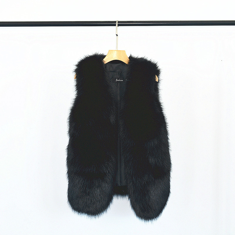 Cheap Furry Faux Fox Fur Vest Fashion Women Overcoat - Black