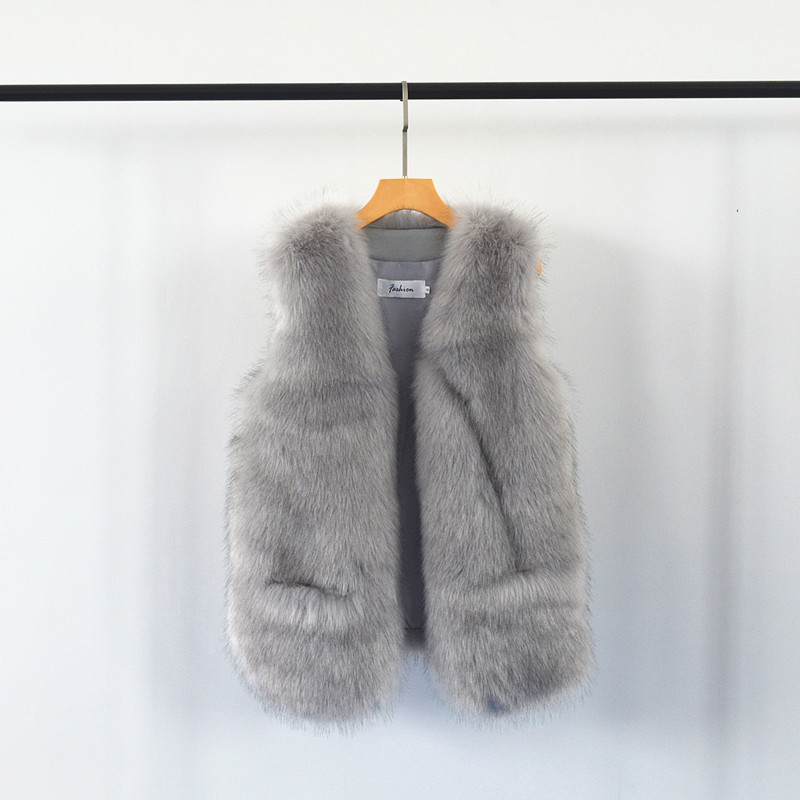 Cheap Furry Faux Fox Fur Vest Fashion Women Overcoat - Gray