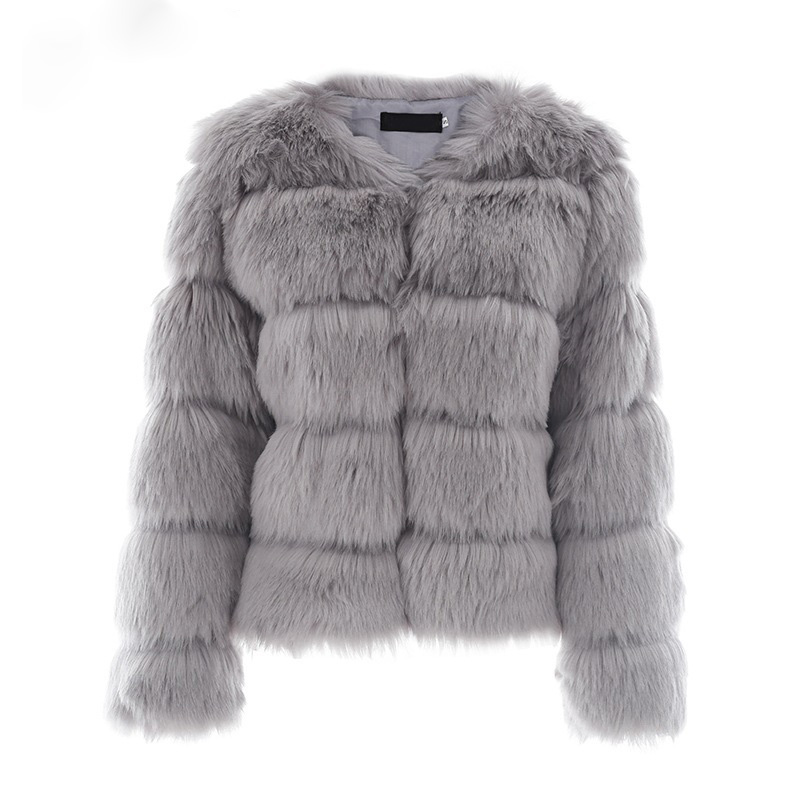 Cheap Warm Faux Fox Fur Overcoat Fashion Women Coat - Grey