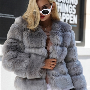Cheap Warm Faux Fox Fur Overcoat Fashion Women Coat - Grey