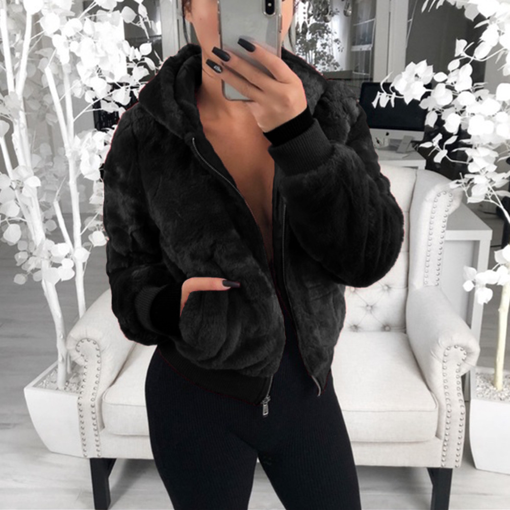 Cheap Warm Faux Rabbit Fur Overcoat Fashion Women Coat - Black