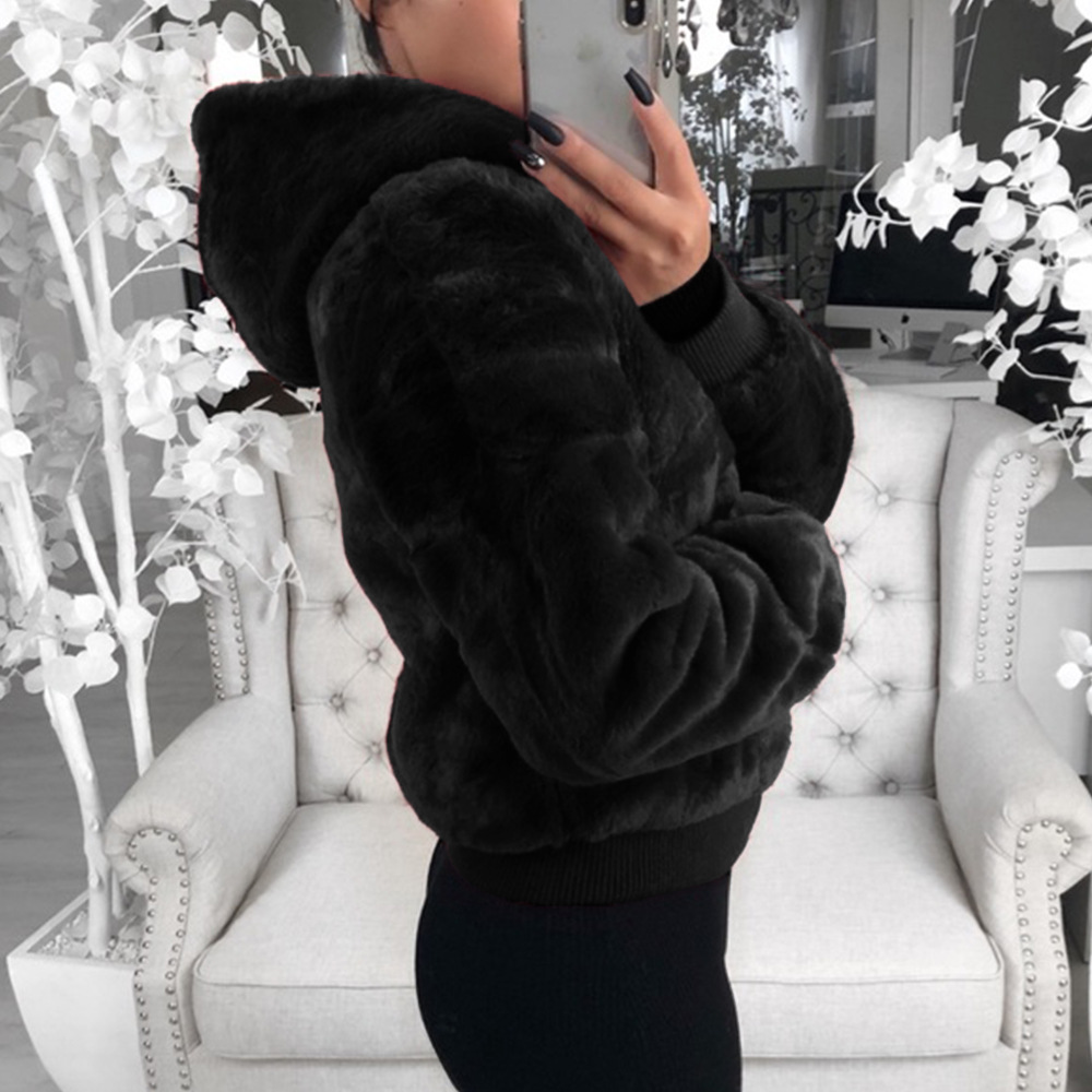 Cheap Warm Faux Rabbit Fur Overcoat Fashion Women Coat - Black