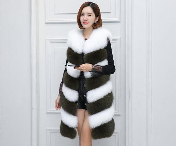 Cheap Warm Long Faux Fox Fur Vest Fashion Women Waistcoat - Green