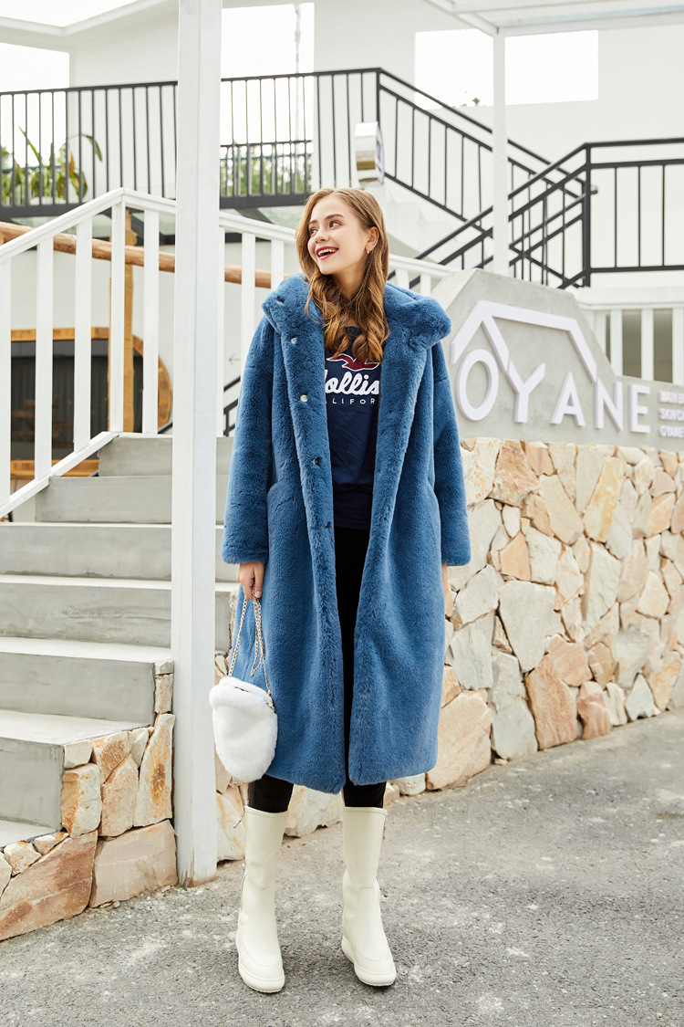 Cheap Warm Long Faux Rabbit Fur Overcoat Fashion Women Coat - Blue