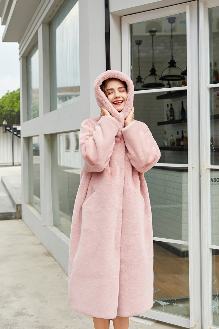 Cheap Warm Long Faux Rabbit Fur Overcoat Fashion Women Coat - Pink