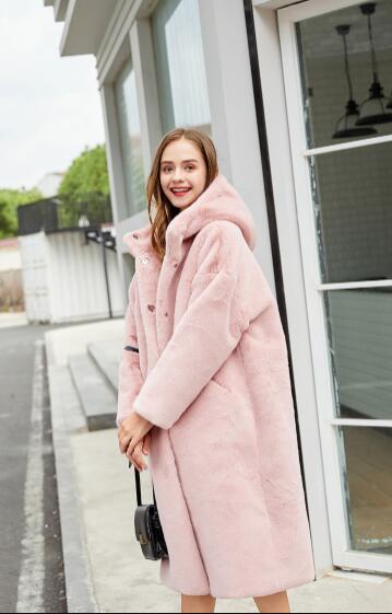 Cheap Warm Long Faux Rabbit Fur Overcoat Fashion Women Coat - Pink