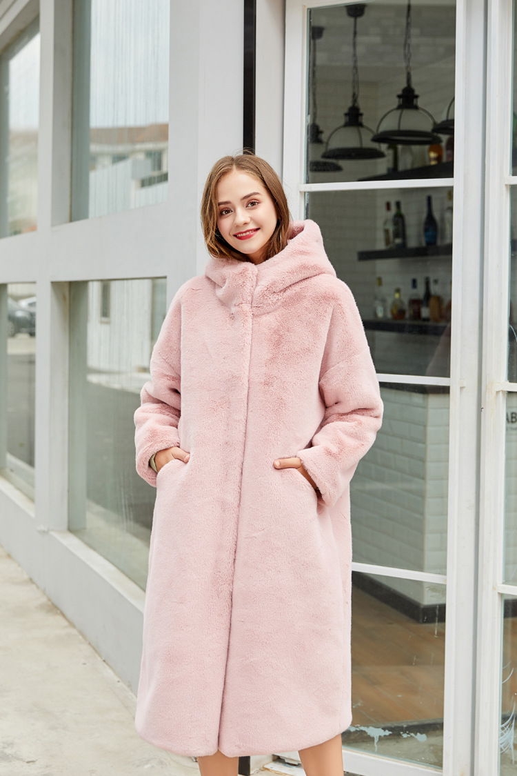 Cheap Warm Long Faux Rabbit Fur Overcoat Fashion Women Coat - Pink