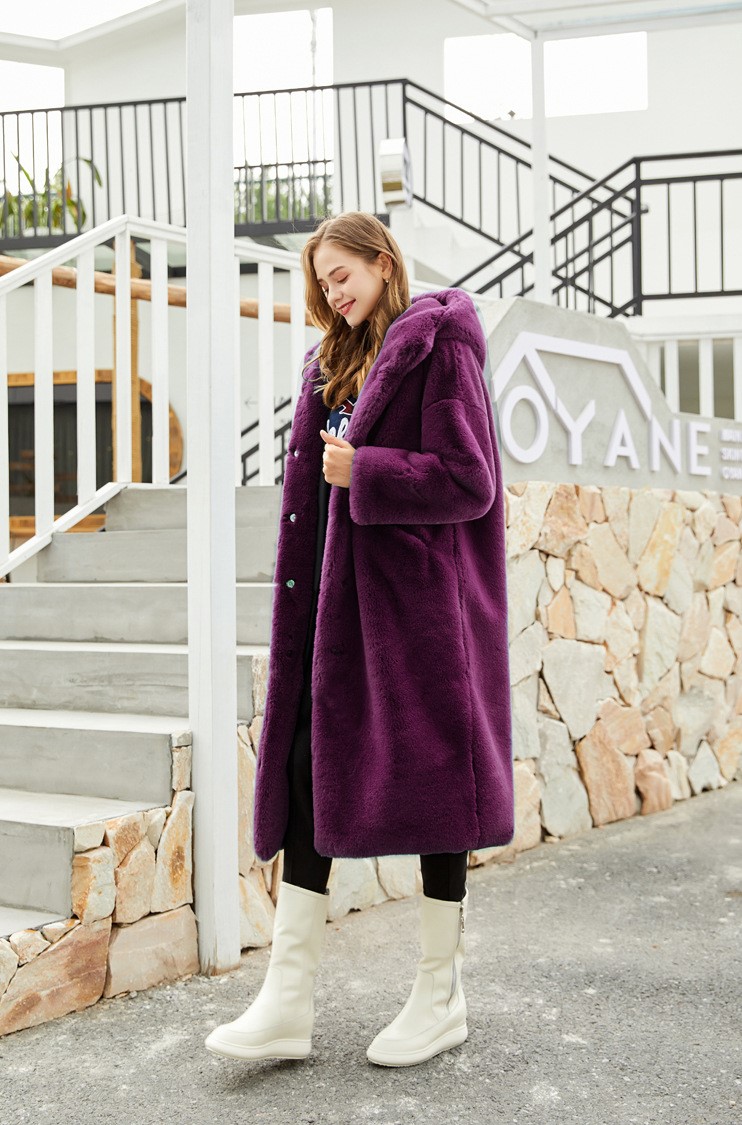 Cheap Warm Long Faux Rabbit Fur Overcoat Fashion Women Coat - Purple