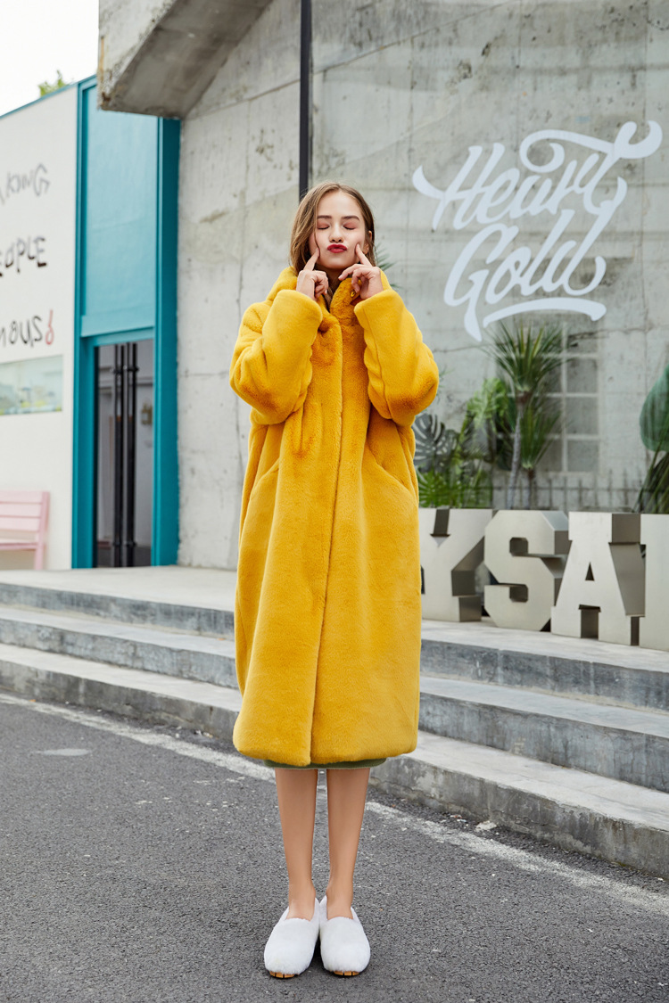 Cheap Warm Long Faux Rabbit Fur Overcoat Fashion Women Coat - Yellow