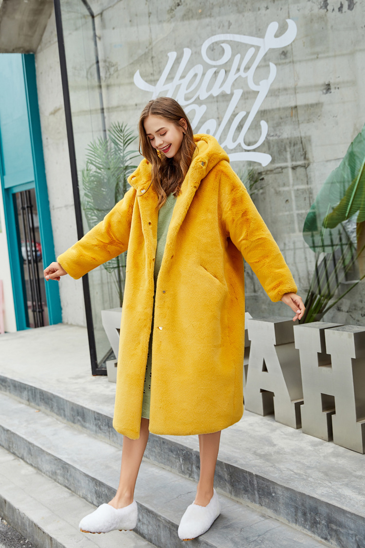 Cheap Warm Long Faux Rabbit Fur Overcoat Fashion Women Coat - Yellow