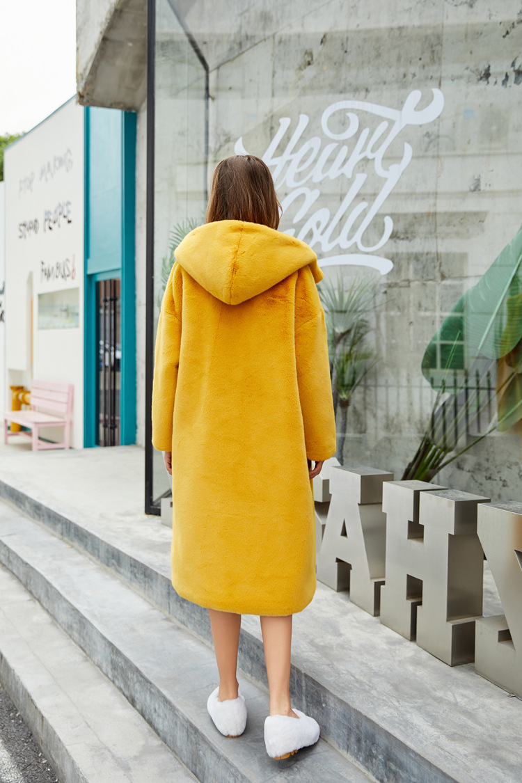 Cheap Warm Long Faux Rabbit Fur Overcoat Fashion Women Coat - Yellow