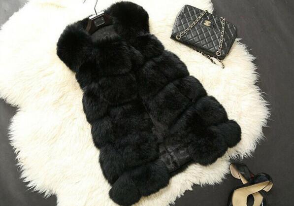 Cheap Winter Diamond Faux Fox Fur Vest Fashion Women Waistcoat - Black