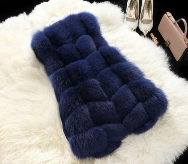 Cheap Winter Diamond Faux Fox Fur Vest Fashion Women Waistcoat - Blue