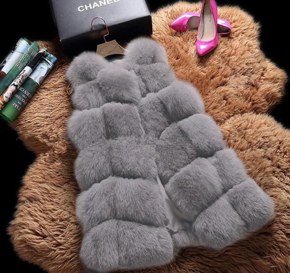 Cheap Winter Diamond Faux Fox Fur Vest Fashion Women Waistcoat - Gray