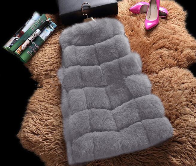 Cheap Winter Diamond Faux Fox Fur Vest Fashion Women Waistcoat - Gray