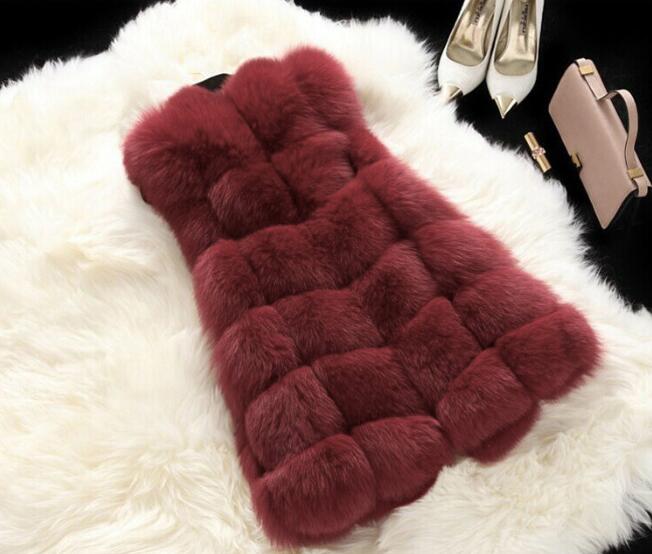 Cheap Winter Diamond Faux Fox Fur Vest Fashion Women Waistcoat - Red