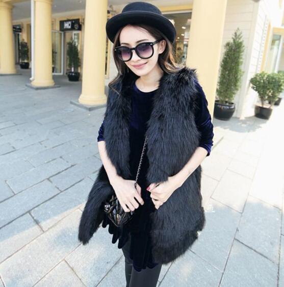 Cheap Winter Elegant Faux Fox Fur Vest Fashion Women Waistcoat - Black