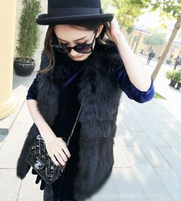 Cheap Winter Elegant Faux Fox Fur Vest Fashion Women Waistcoat - Black