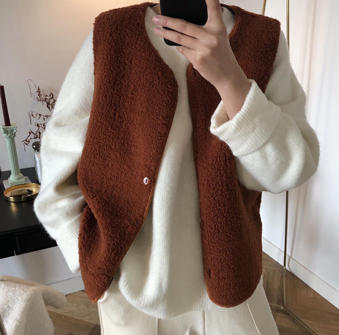 Cheap Winter Elegant Faux Lamb Fur Vest Fashion Women Waistcoat - Caramel