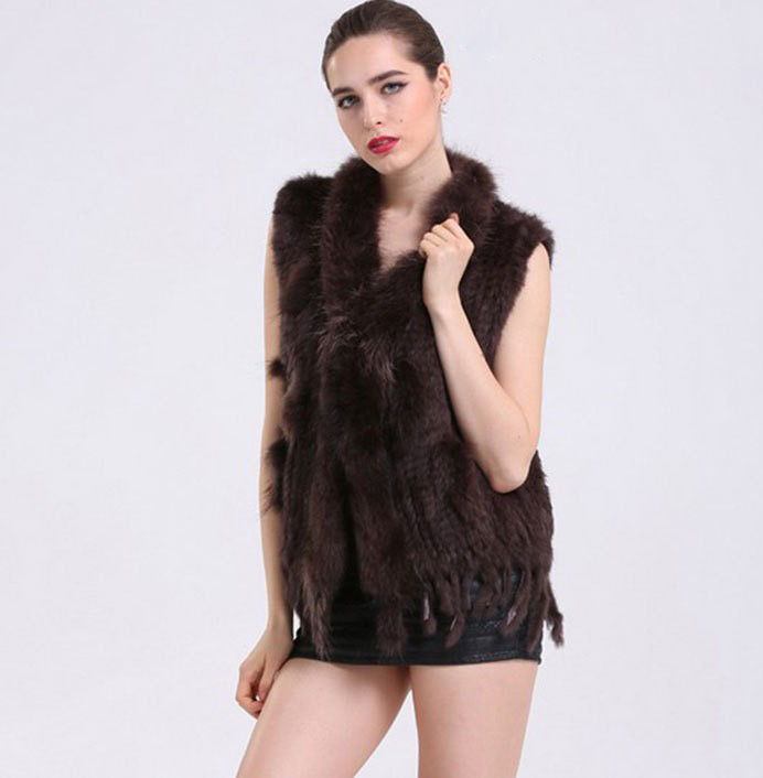 Cheap Winter Elegant Faux Rabbit Fur Vest Fashion Women Waistcoat - Coffee
